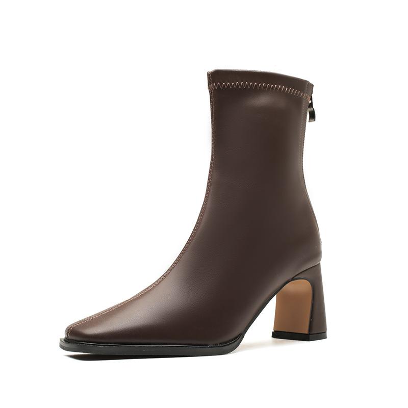 Maillard Style Thick Heel Medium Boots Children's Autumn and Winter New Velvet French Bare Boots with Skirt Elastic Thin Boots