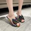 Slippers Women Transparent High Heel Sexy Colorful Rhinestone Bow Outside Wear Spring New Stiletto Shoes