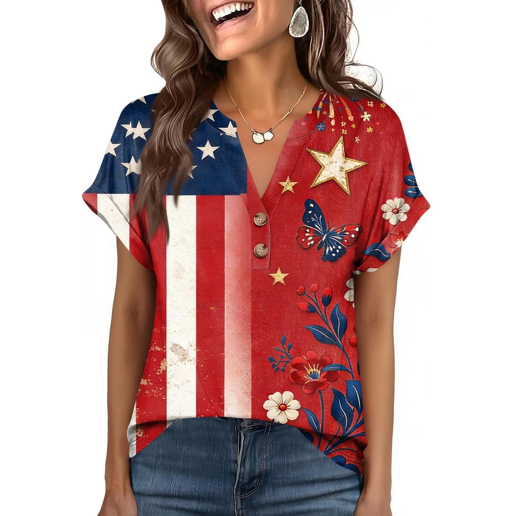 Women's Fashionable Casual Loose-Fit Short-Sleeved Button-Up V-Neck Printed T-Shirt Top