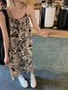 Vintage ink wash print spaghetti strap dress for women, loose summer layered mid-length vacation dress