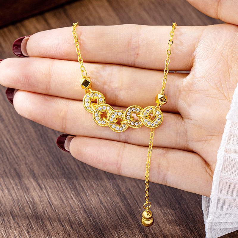 Ancient Five Emperor Coin Necklace & Diamond-Set Copper Earrings - Trendy, Long-Lasting Jewelry for Women