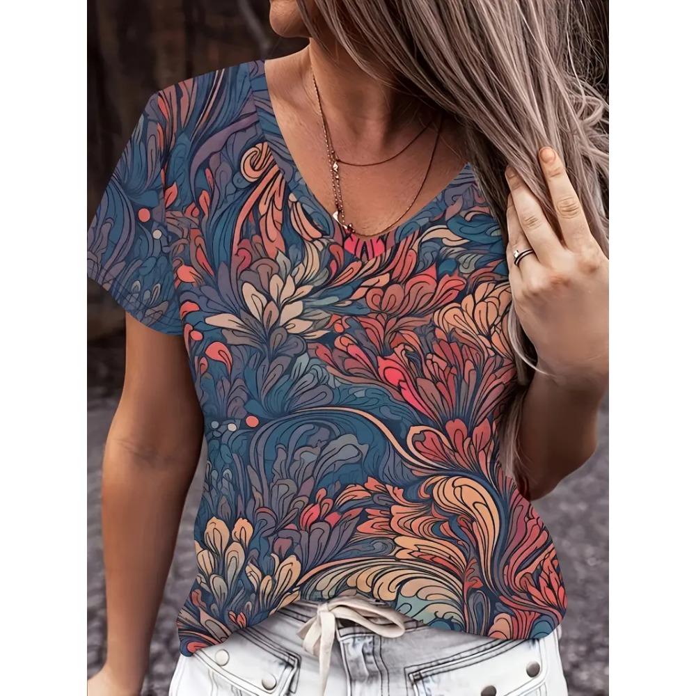Fashion Women's V-neck T-shirt Summer Outdoor Street Trend Short-sleeved Blouse Floral Print Pattern Loose Clothing