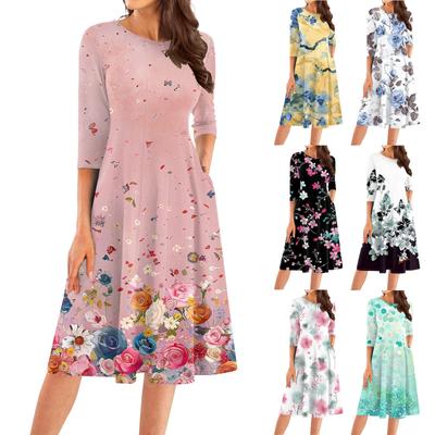 Women's Casual Fashion Round Neck Three Quarter Sleeve Print Midi Dress