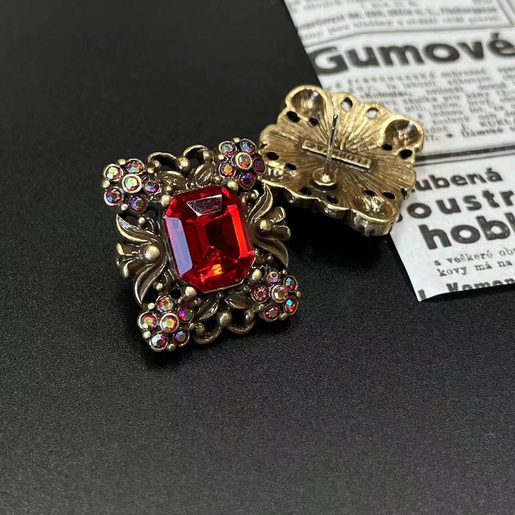 Antique Jewelry Vintage Large Ruby Earrings Heavy Industry Palace Style Geometric Square Rhinestone