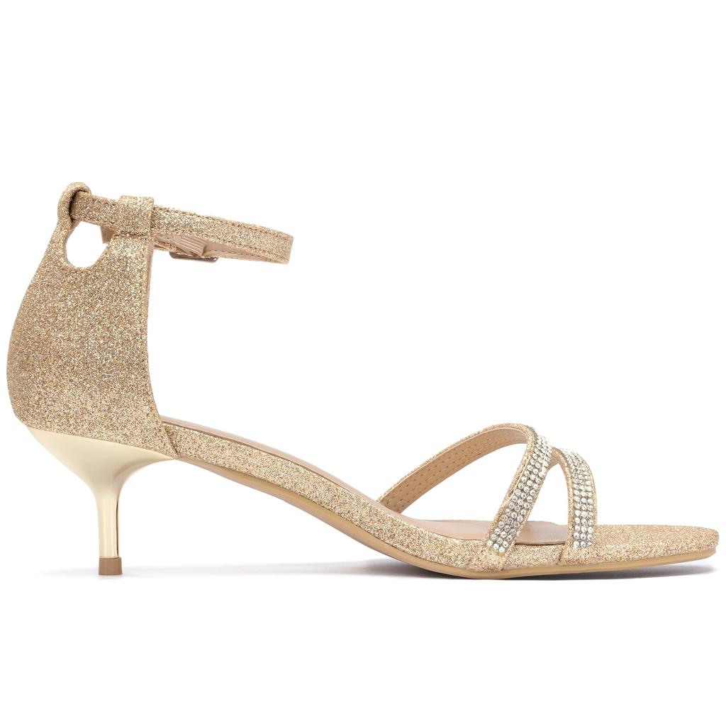 Allegra K Women's Gold-Colored Ankle Strap Sandals with Stiletto Heels, Size 24.5cm, Polished