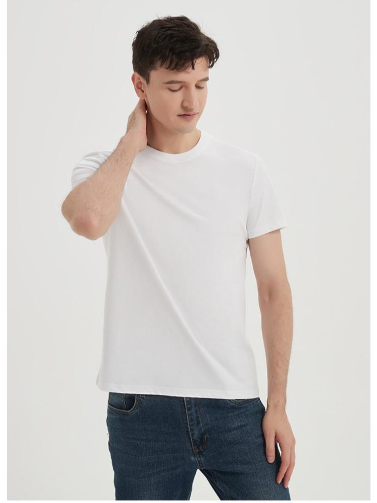 Premium Long-staple Cotton Short-sleeve Crew Neck Three-needle Solid Color Wrinkle-free Antibacterial Cool T-shirt Minimalist Breathable Tops