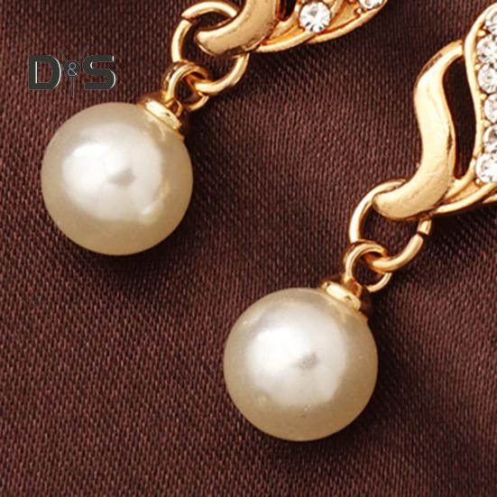 2Pcs/Set Women Jewelry Set Imitation Pearl Rhinestones Inlaid Necklace Drop Earrings Set Wedding Accessories