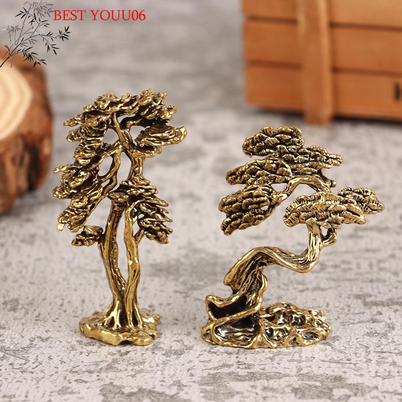 Hot 1Pc Brass Mini Welcome Pine Figurine Tree Miniature Landscape Small Bonsai Tree Statues Decorations Accessories