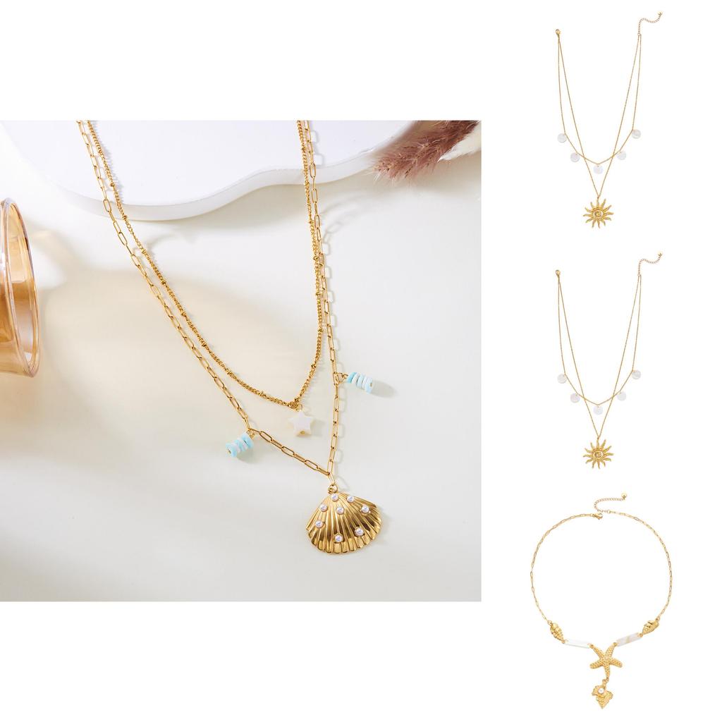 Bohemian Ocean Shell Sun Pendant Necklace For Women Summer Vacation Jewelry