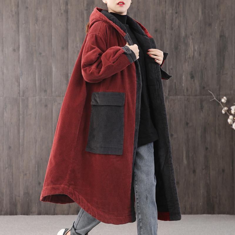 Fashion Long Corduroy Jacket Pocket Hooded Padded Women Autumn Winter Parkas Casual Coat