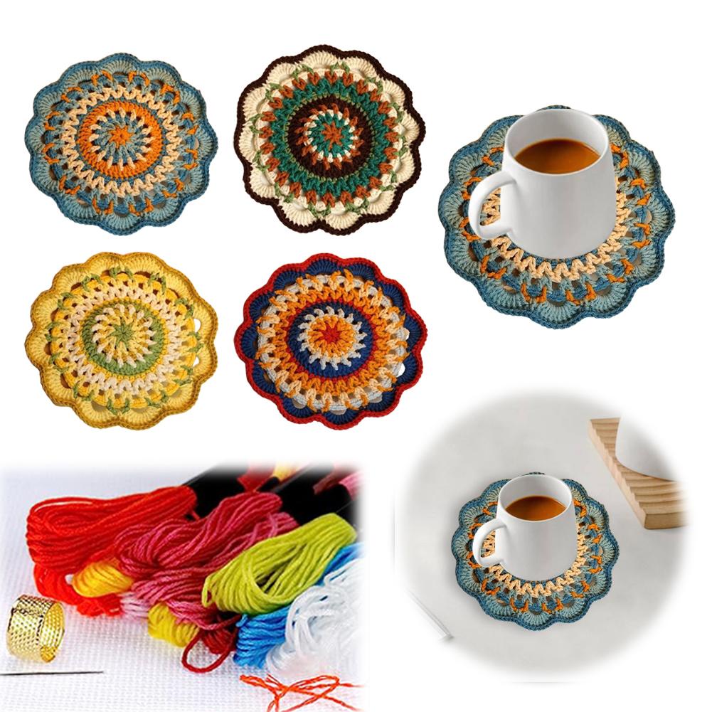 Mandala Pattern Coasters Set DIY Material Package Handmade Mandala Drink Coasters with Crochet Hook for Adults and Beginners