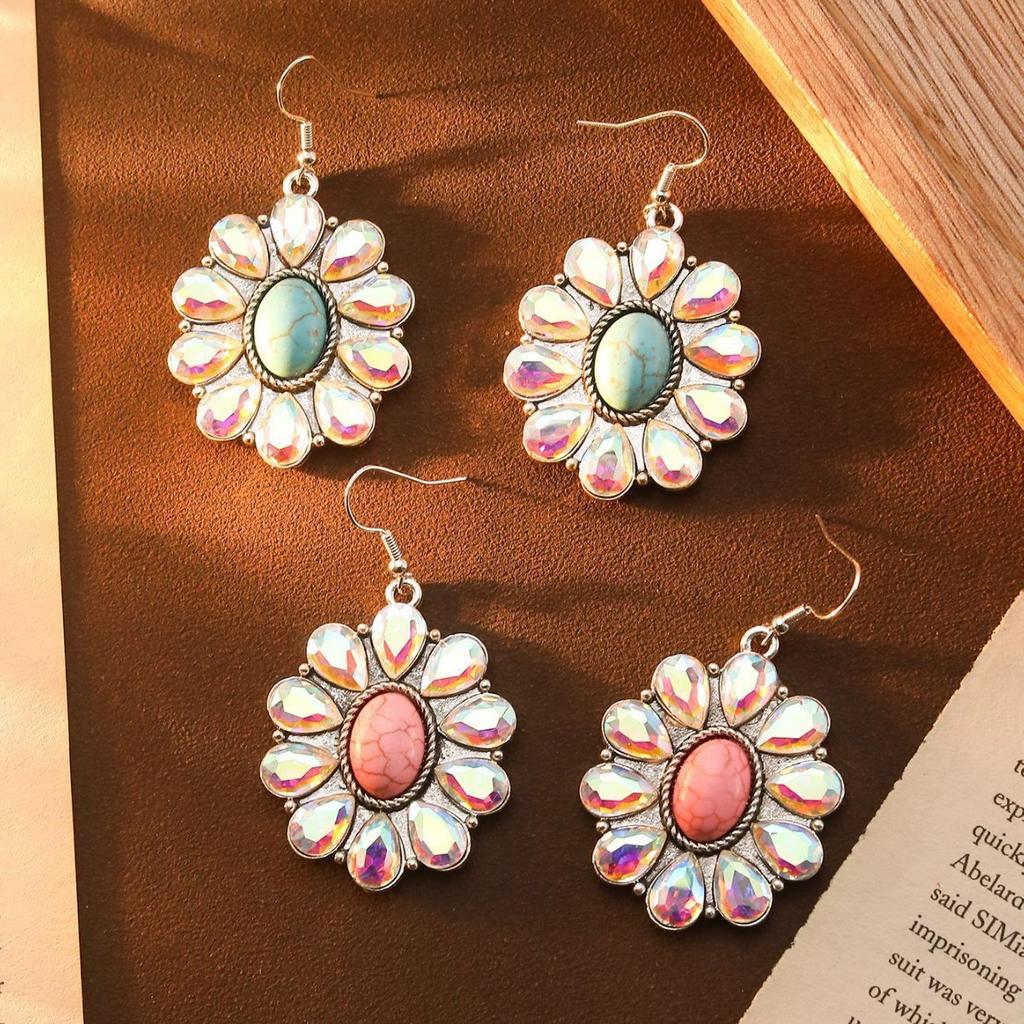 Creative Colored Diamond Earrings, High-End Retro Turquoise Flower Earrings, Bohemian Fashion Earrings.