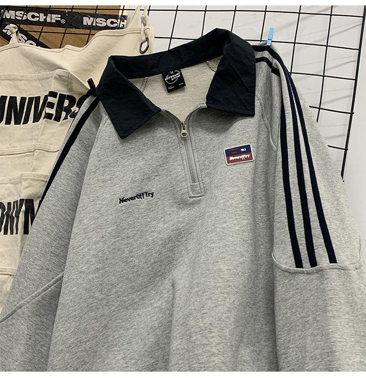 Sweat-shirt polo à demi-zip rayé gris rétro japonais pour homme - Veste à manches longues pour le printemps/l'automne