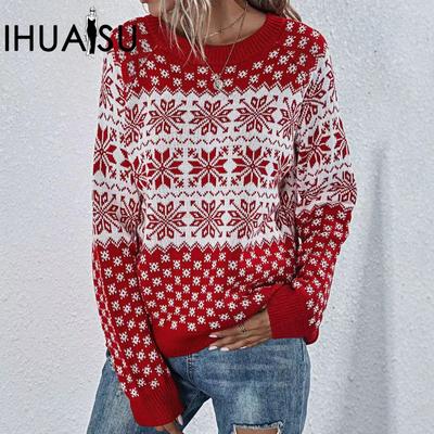 Women's Snowflake Knit Loose Christmas Long Sleeve Pullover O-Neck Knitted Sweater