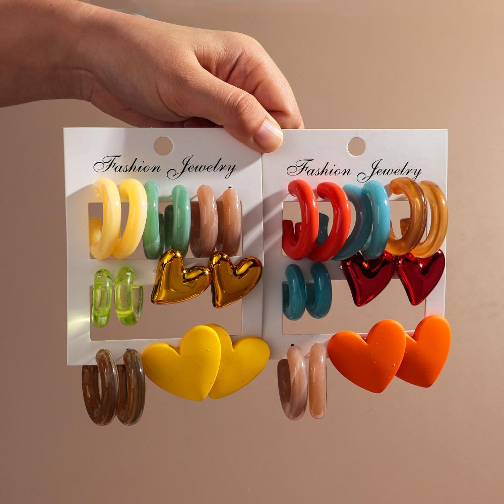 New Korean 7pair Colorful Circle Acrylic Hoop Earring for Women Vintage Geometric Heart Stud Earrings Statement Jewelry Set Gift