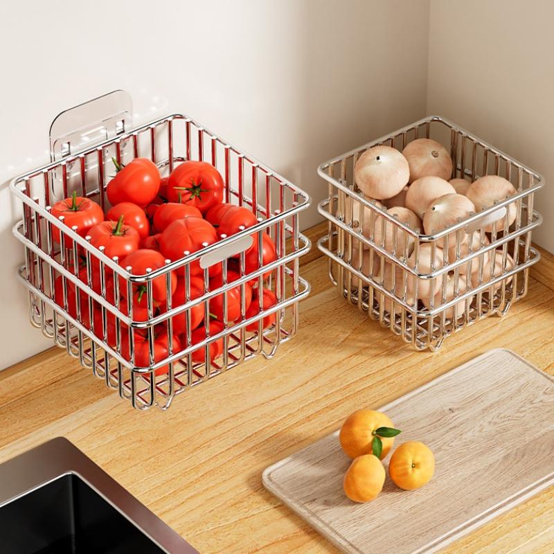 Onion Ginger Garlic Kitchen Shelf Wall Hanging Condiments Spice Vegetable Fruit Storage Rack Wall Drain Basket Punch-Free