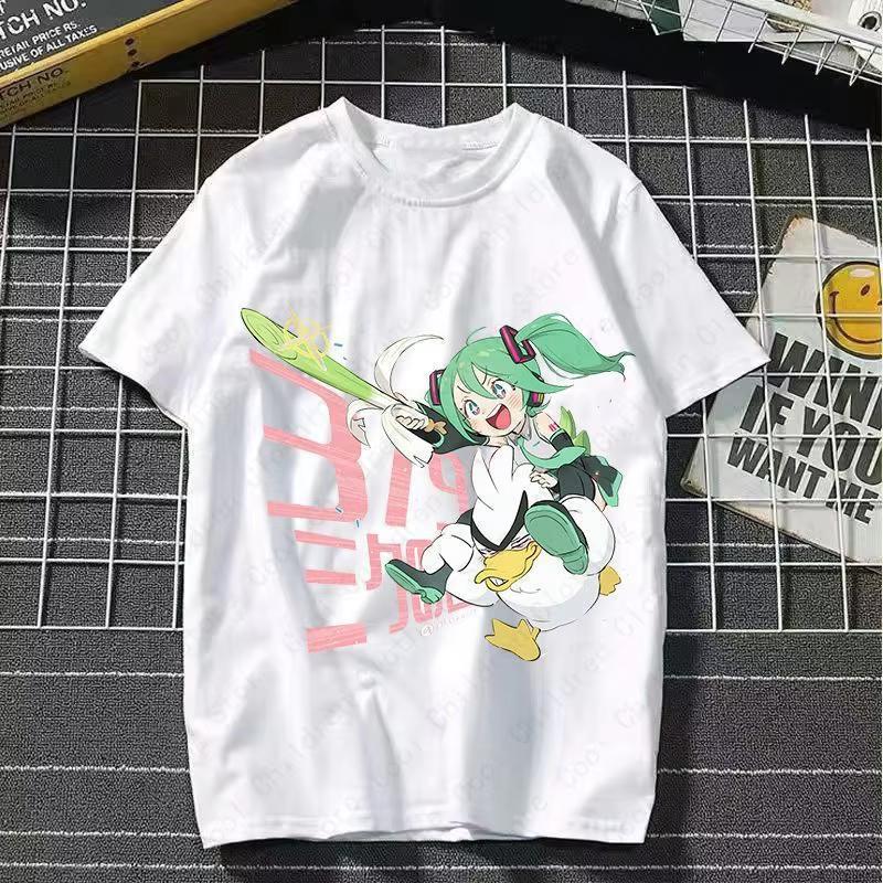 Japońska Postać Anime Słodka MIKU Letni Damski Top z Okrągłym Dekoltem Koszulka Graficzna