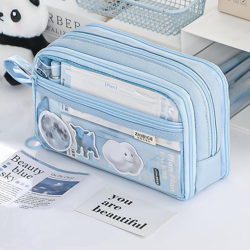 Dual-side Transparent Pencil Bag Pen Case 4 Layer Multi Pocket Storage Pouch for Stationery School A7628