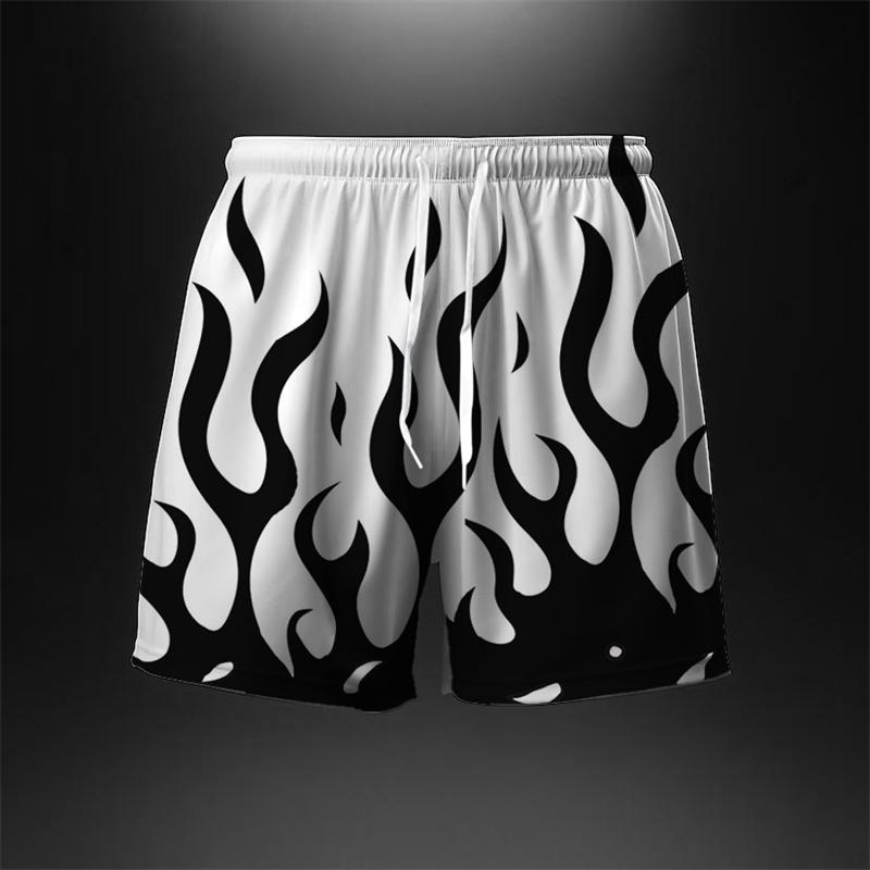 Flame Pattern Cool Harajuku Men's Board Short Y2k Personality Fire Stripe 3D Print Beach Shorts Breathable Loose Fashion Trunks