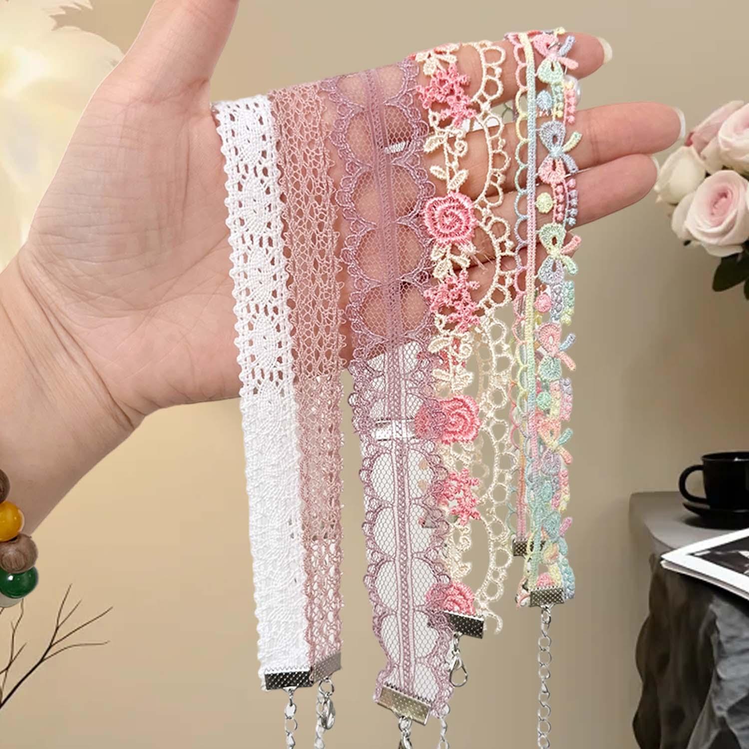 

5 Pieces Sweet Pink Lace Choker Necklace Set for Women with Flower Pearl Dangle Clavicle Jewelry Accessories Gift for Girls