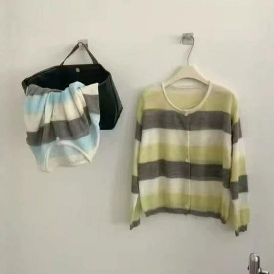 Autumn 2026 Women's Striped Wool Cardigan - New Loose Knit Sweater with Low Round Neck for Chic Commuting Style