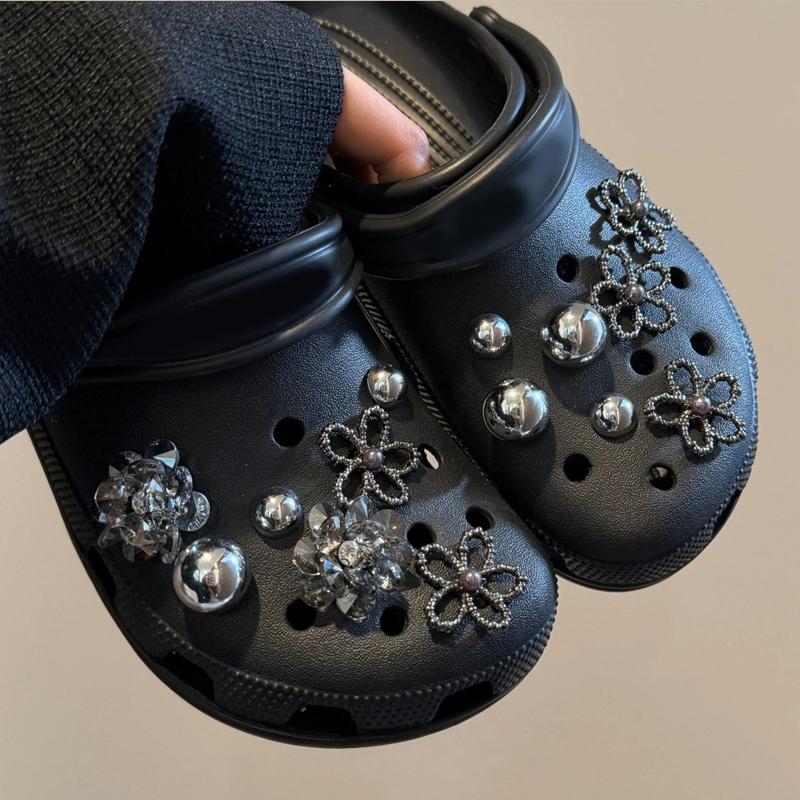 Pearl Bow & Polka Dot Shoe Charms Set, Elegant Black & White Floral Decorations with Rhinestone, Luxury Shoe Accessories