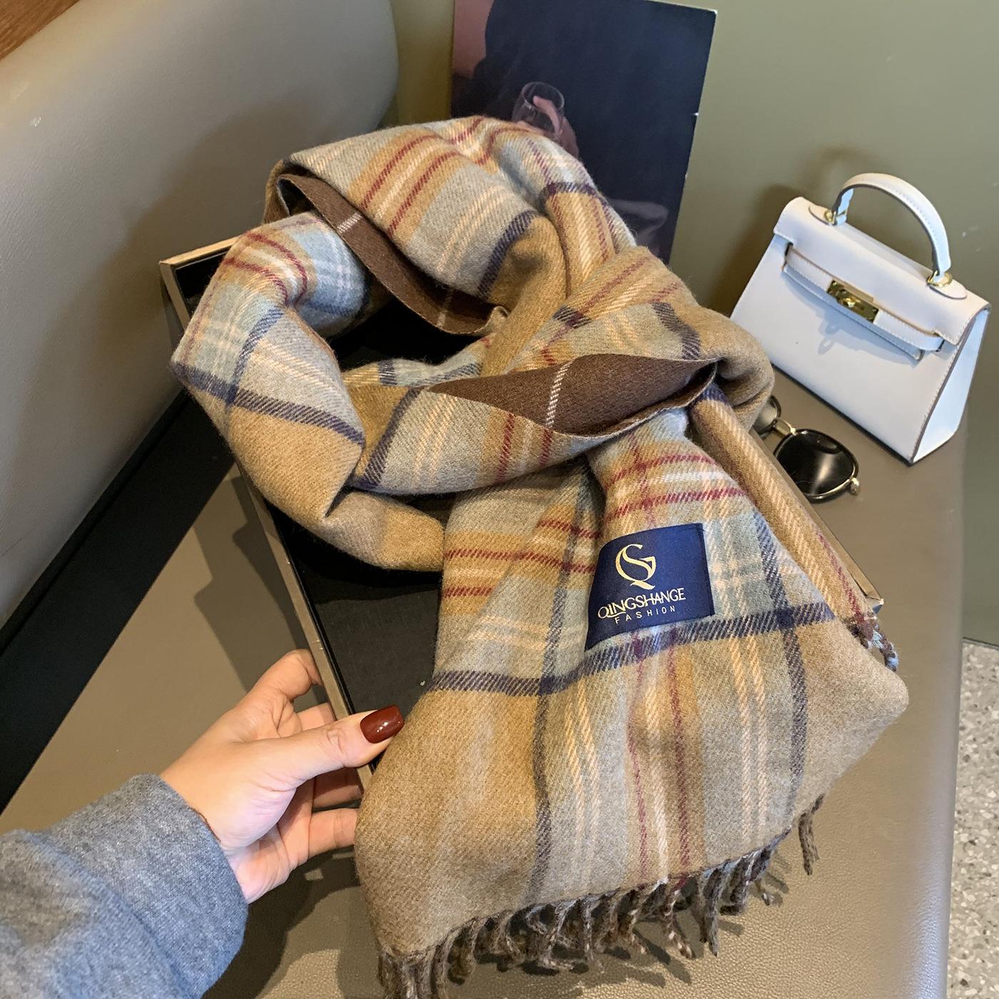 Sheep wool plaid scarf women s autumn and winter 2025 retro British style double-sided plaid shawl student warm scarf About 200*46cm хаки