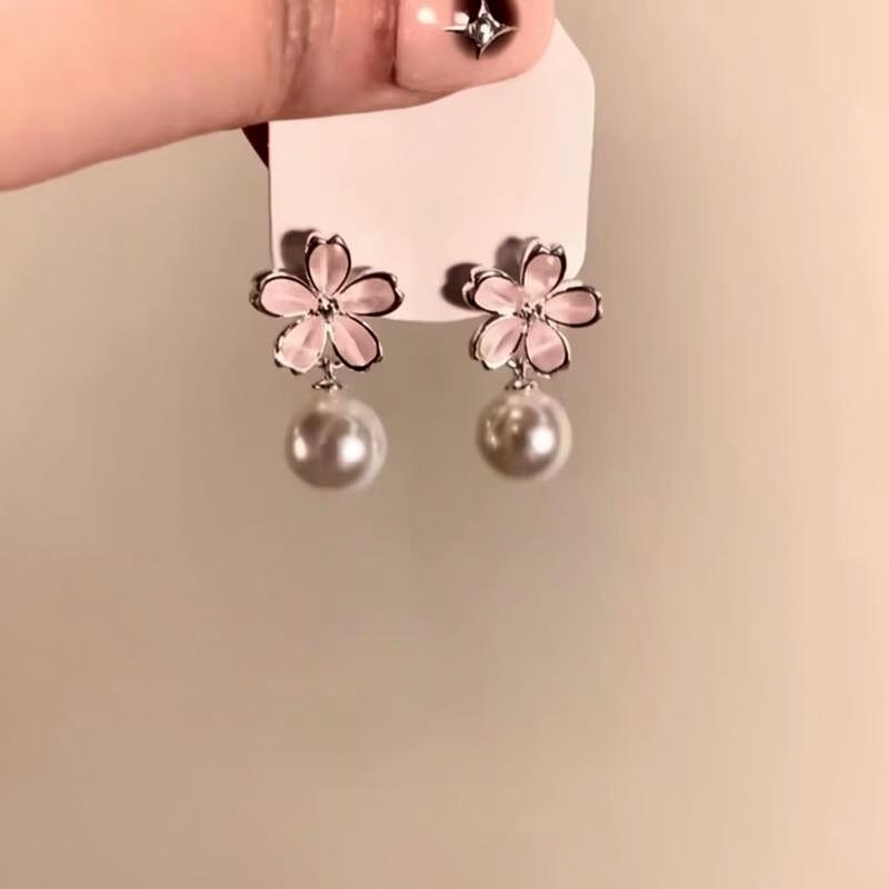 Silver Needle Pink Flower Tassel Pearl Earrings Women s, New Popular Spring Temperament Earrings Premium Earrings