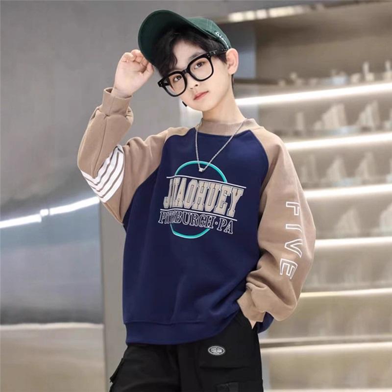 Boys' Fleece Lined Sweatshirt Winter Thick Warm Pullover Kids Contrast Color Raglan Sleeve Top