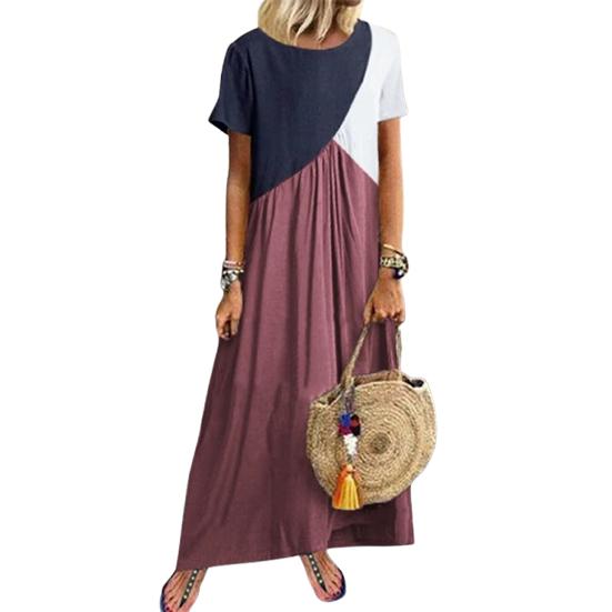 

Женское летнее платье макси с круглым вырезом, коротким рукавом, длинное, свободное, с цветными блоками, повседневное 5XL красный