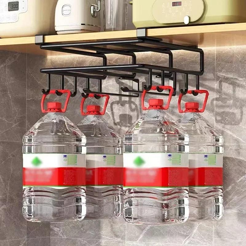 Kitchen Under Cabinet Hanging Organizer Rack with Hooks Multi-Purpose Holder for Paper Towel Cutting Board & Pot Lids