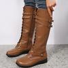 Women's Round Toe Low Heel Riding Boots, Cross Lace-Up High Boots, Plus Size Fall Winter Shoes
