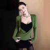 Chic Lace Splice V-Neck Slim Fit Long-Sleeve Two-Piece Top for Early Spring