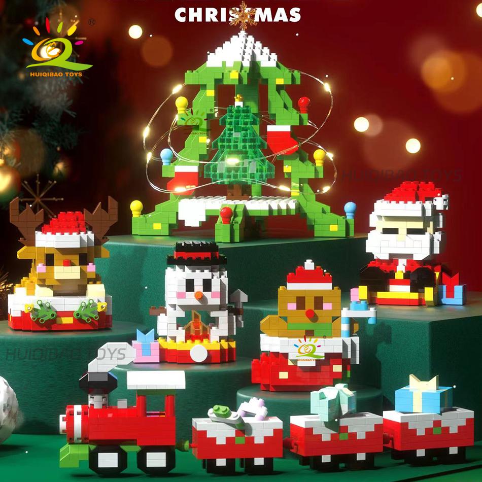 HUIQIBAO Mini Christmas Tree Santa Claus Children Train Model Micro Bricks Building Block Snowman Elk Bricks Toys New Year Gift