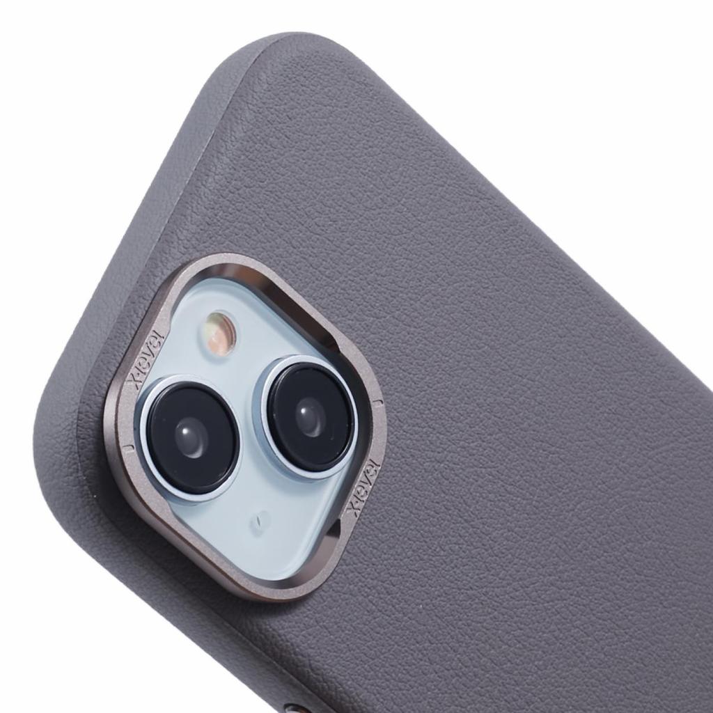 For iPhone 15 Case Leather+PC Anti-Scratch Phone Case Metal Lens Frame