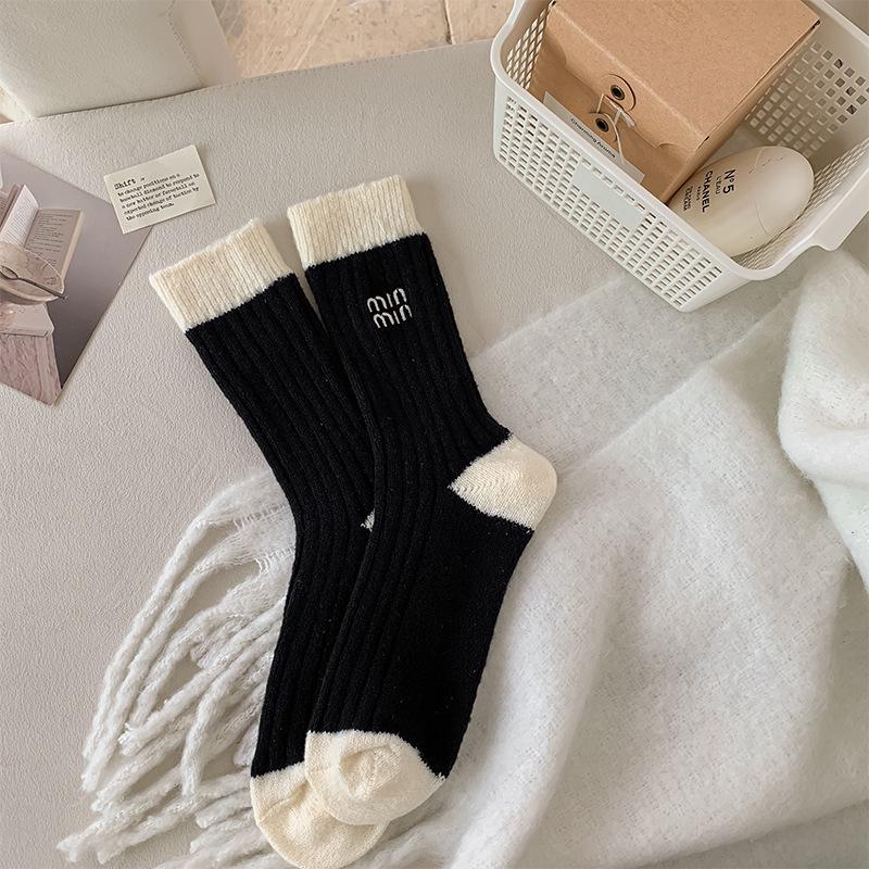 MIU Women's Wool Embroidered Mid-Calf Socks, Trendy Warm Slouch Socks for Autumn/Winter, Postpartum Friendly.