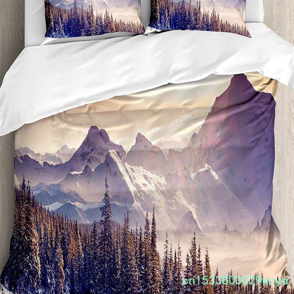 3pcs Bedding Set Winter Snow Mountain Morning Scenery House Duvet Cover Pillow Case Boy Kid Teen Girl Bedding Covers Set