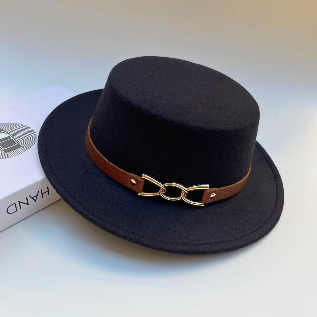 Hat Female British Autumn and Winter Celebrity Retro Versatile Jazz Hat Flat Top Felt Hat Black Wool Top Hat
