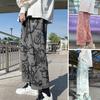 Men Casual Pants Elastic Waist Mid Rise Loose Straight Wide Leg Streetwear Pockets Cartoon Print Male Long Trousers Bottoms for Outdoor