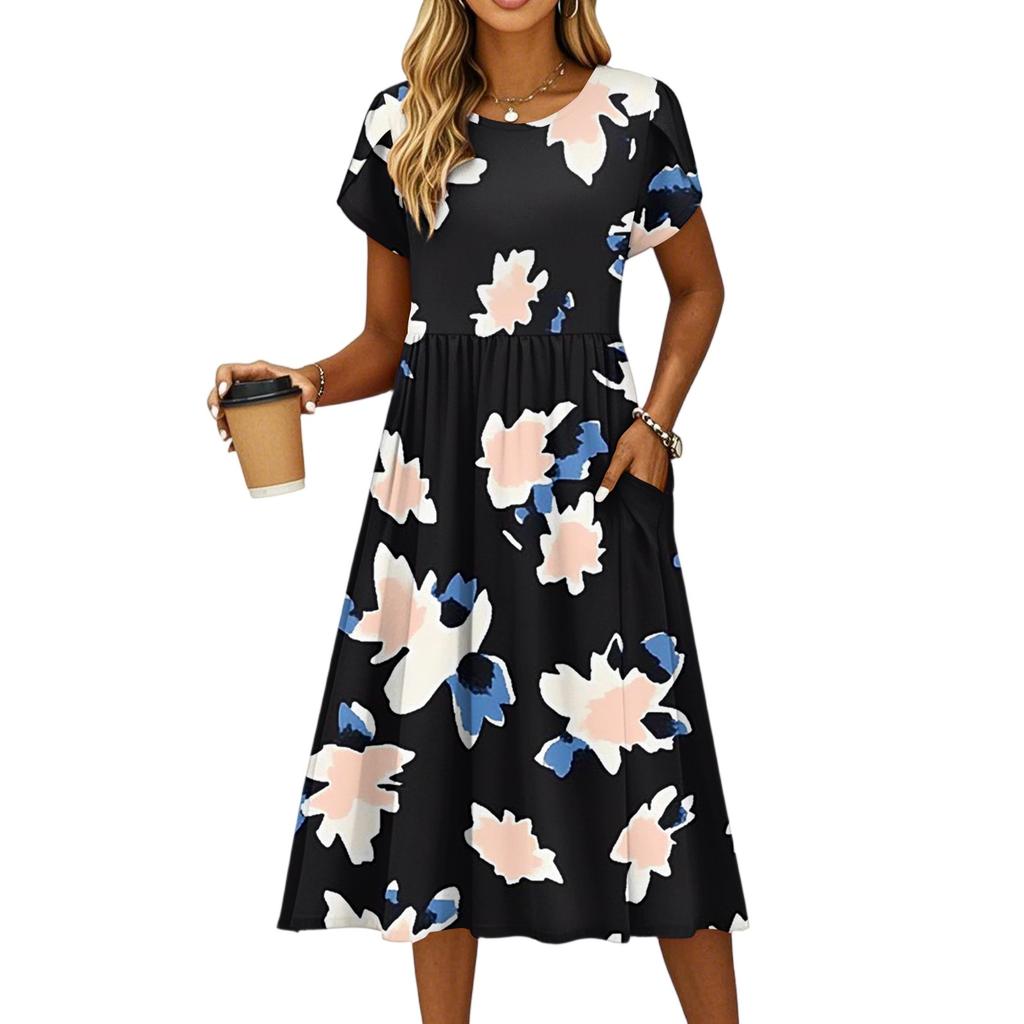 Damenmode Sommer Rundhals Kurzarm Blumendruck Strandkleider