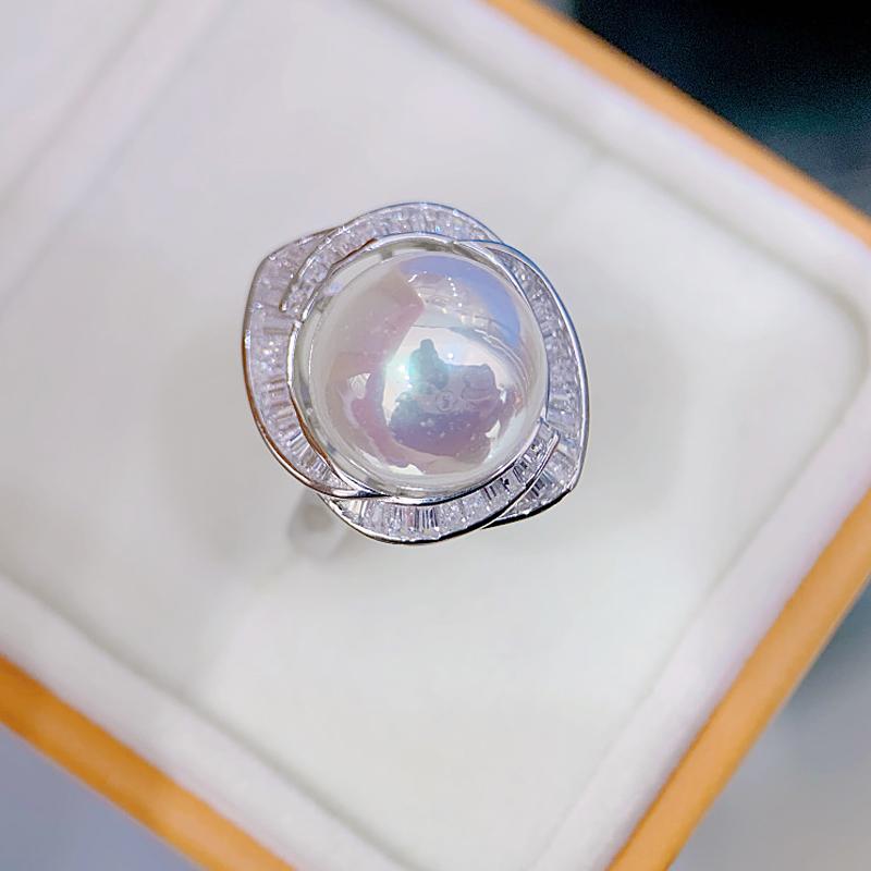 11-12mm Natural White Semiround Pearl Fashion Trendy Flower Ring 925 Silver Fine Wedding Jewelry for Women