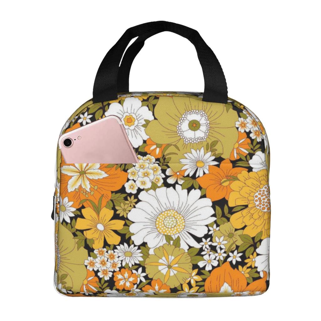 Colorful Boho Floral Bright Blossoms Print Lunch Bag Portable Thermal Cooler Insulated Bento Box for Kids Food Tote Bags