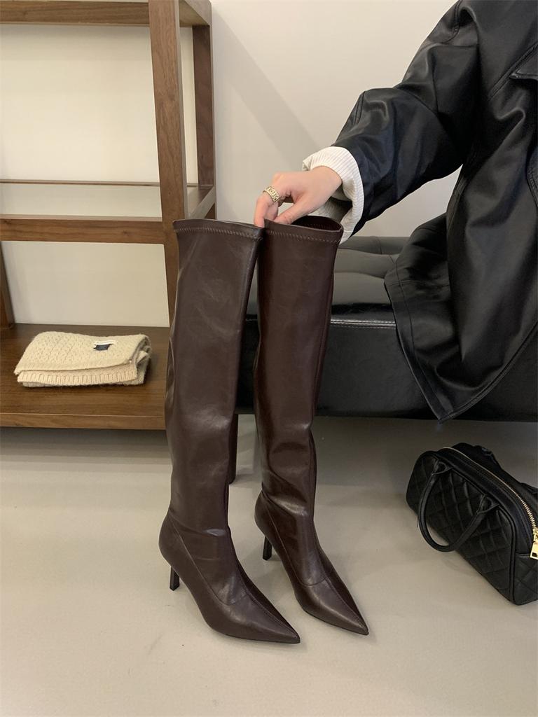 Brown High Heel Over Knee Pile Long Boots Women's Shoes 2025 New Autumn and Winter Pointed Skinny Knight Boots