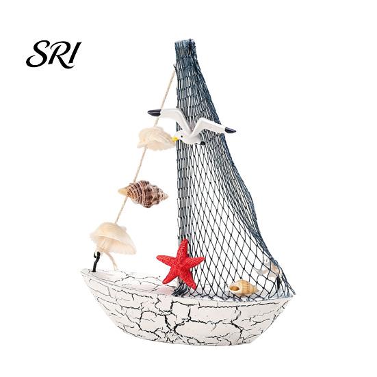 Segelboot Figur Mini Segelboot Modell Nautische Harz Dekoration mit Muschel Seestern Schreibtischzubehör Rustikal Vintage Strand Ozean Thema Schiff Ornament