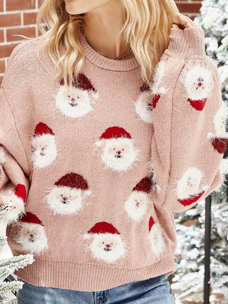 Autumn and Winter Christmas Outfit, Old Man's Head Knitted Sweater, Women's Pullover Christmas Sweater