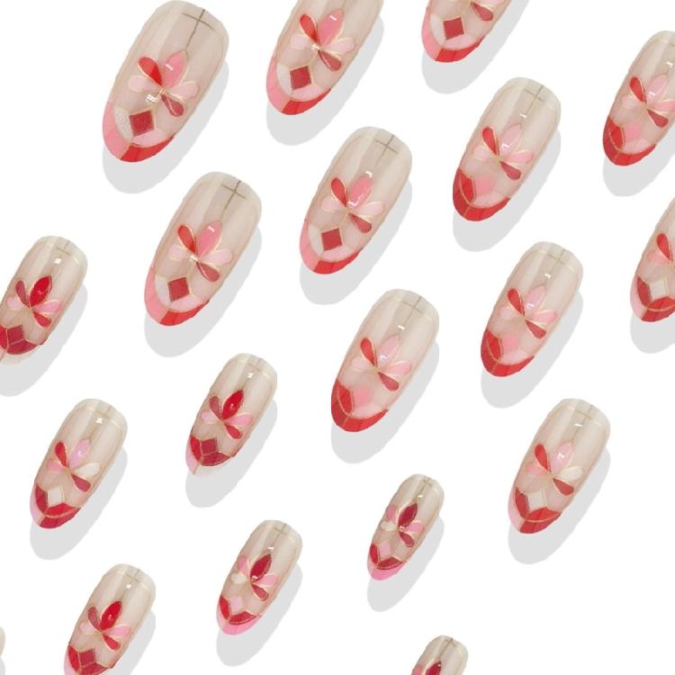 Fashionable Oval Artificial Nail With Floral Decors Press On Nail Acrylic Nail Manicure Ornament For Special Gatherings