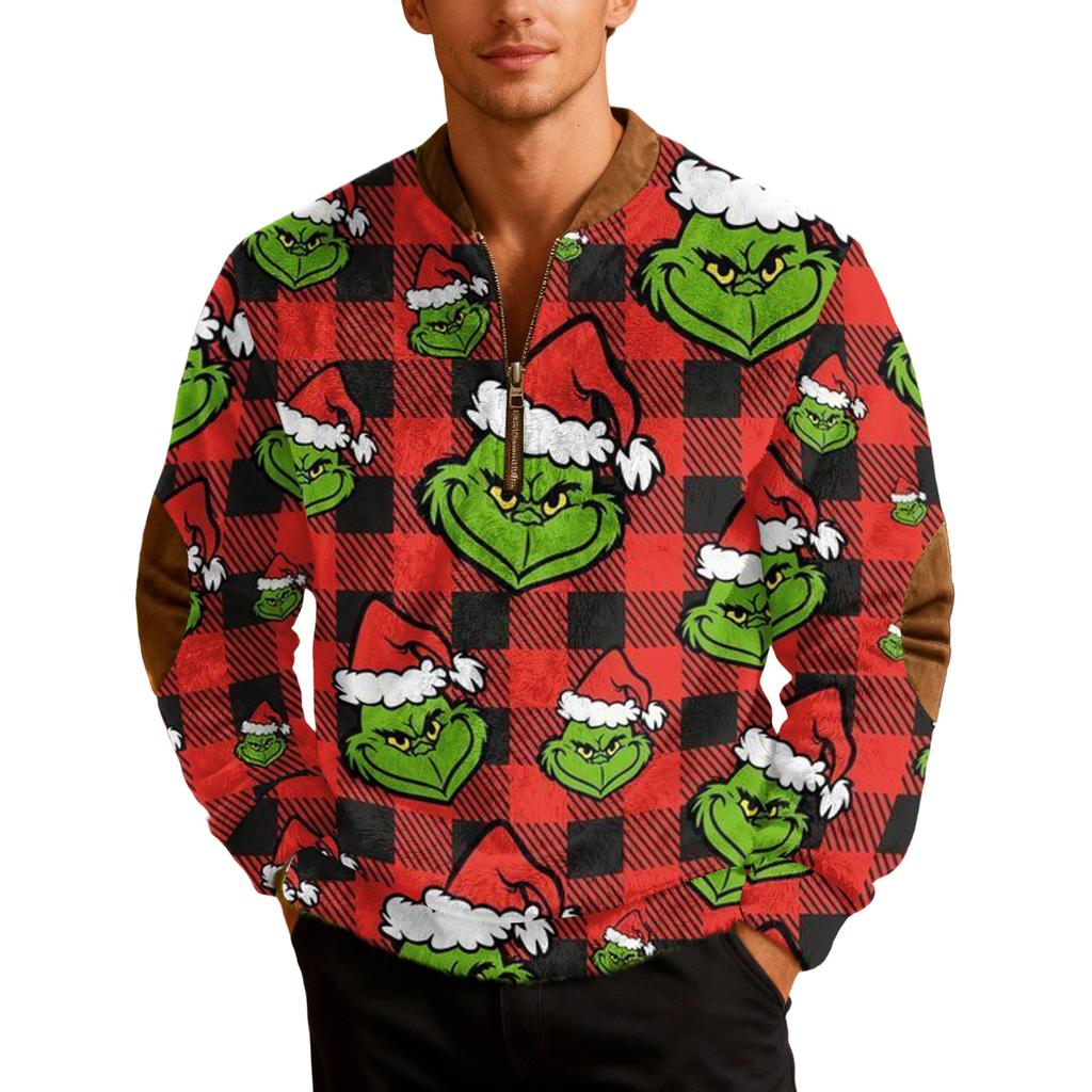 Mens Christmas Zip Up Sweatshirts Xmas Stand Collar Pullover Tops