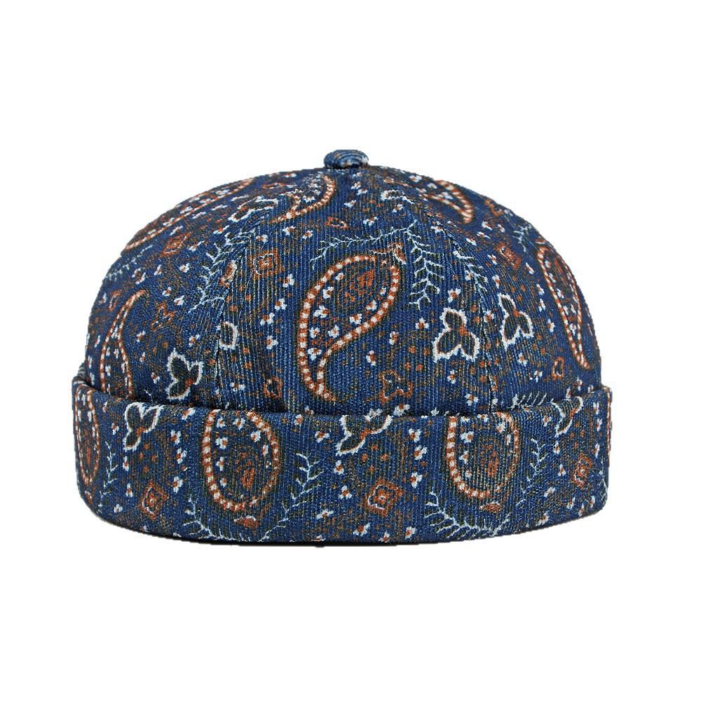 Unisex Retro Paisley Print Docker Cap Brimless Sailor Skullcap Vintage Ethnic Rolled Cuff Beanie Landlord Melon Hat for Men Women
