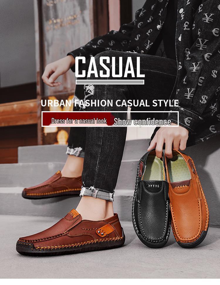 Hand-Stitched Men’s Leather Slip-On Loafers - Outdoor Casual, Low-Top, Plus Size.