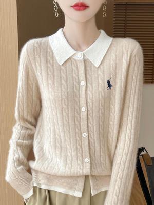 2025 Autumn/Winter Women's Pure Wool Embroidered Cable Knit Cardigan - Turn-Down Collar, Long Sleeve, Button-Up, Loose Fit Outerwear.